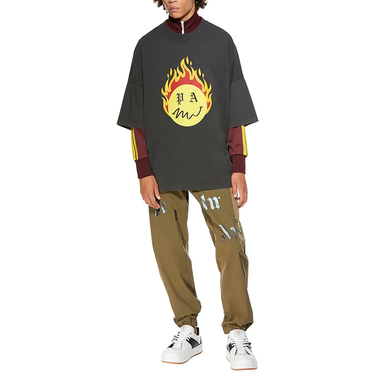 Shop PALM ANGELS x Smiley Vintage Flame Logo 3/4 Lengan Hitam SS21 Pria PMAA041R21JER0011018