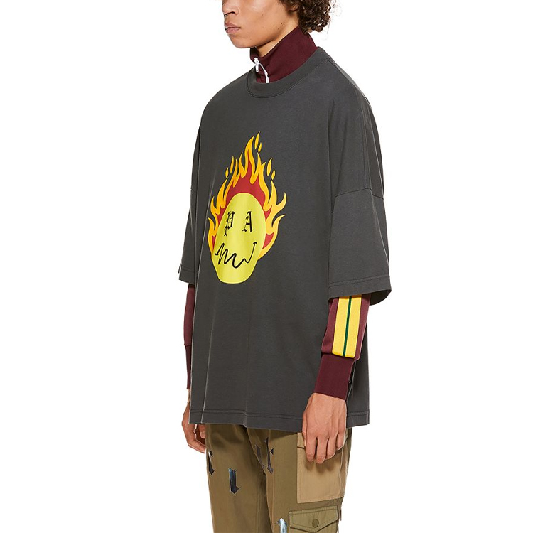 Sizing PALM ANGELS x Smiley Vintage Flame Logo 3/4 Lengan Hitam SS21 Pria PMAA041R21JER0011018