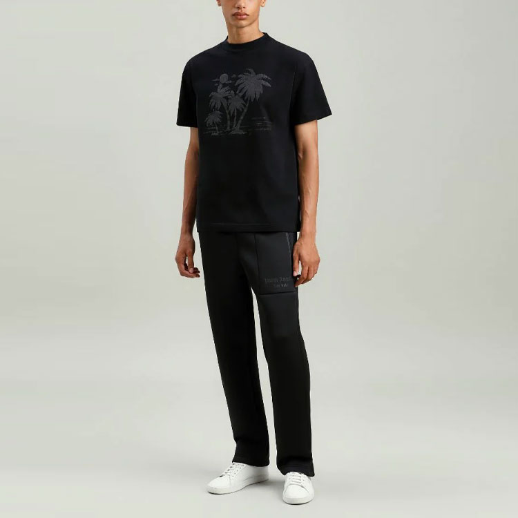 Shop PALM ANGELS x TEAM WANG SS21 パームツリーグラフィック ユニセックス ブラックTシャツ PMAA001G21JER0101010