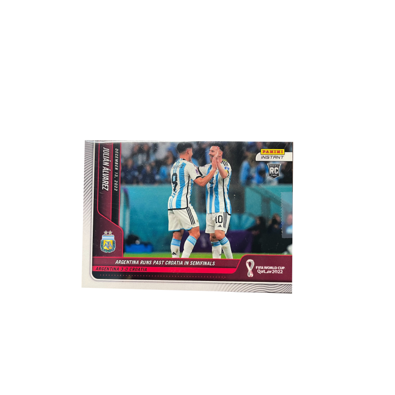 Panini 2022 World Cup Champions Argentina Messi & Alvarez Rookie Card Sealed. Panini-2408-0350