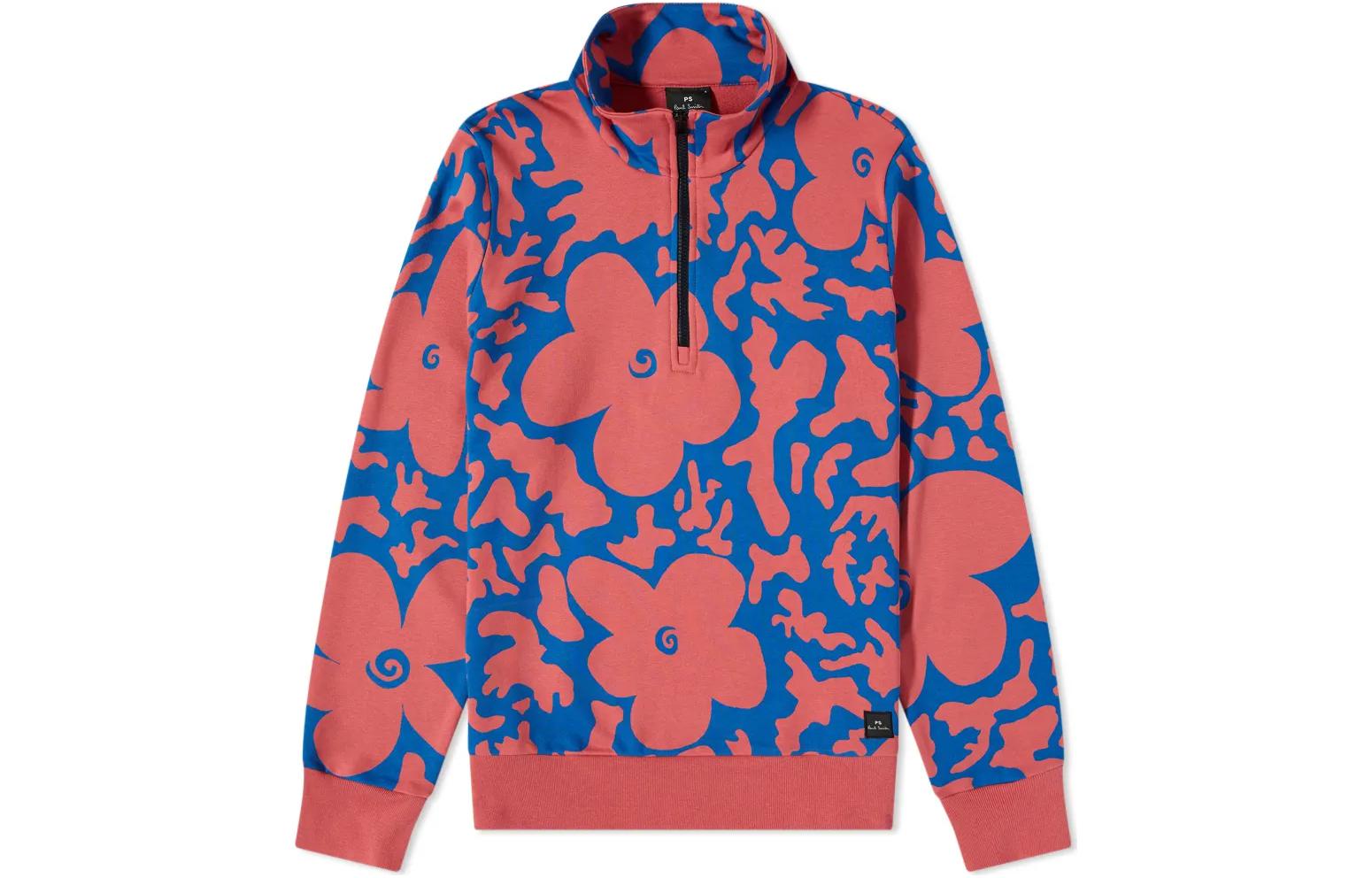 Paul Smith FW22 Floral Print Half-Zip Pullover Sweatshirt Red M2R-304X-H21505-22