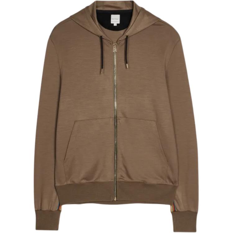 Paul Smith FW24 Khaki Iconic Striped Zip Hoodie with Kangaroo Pocket. M1R-300S-H00035-35