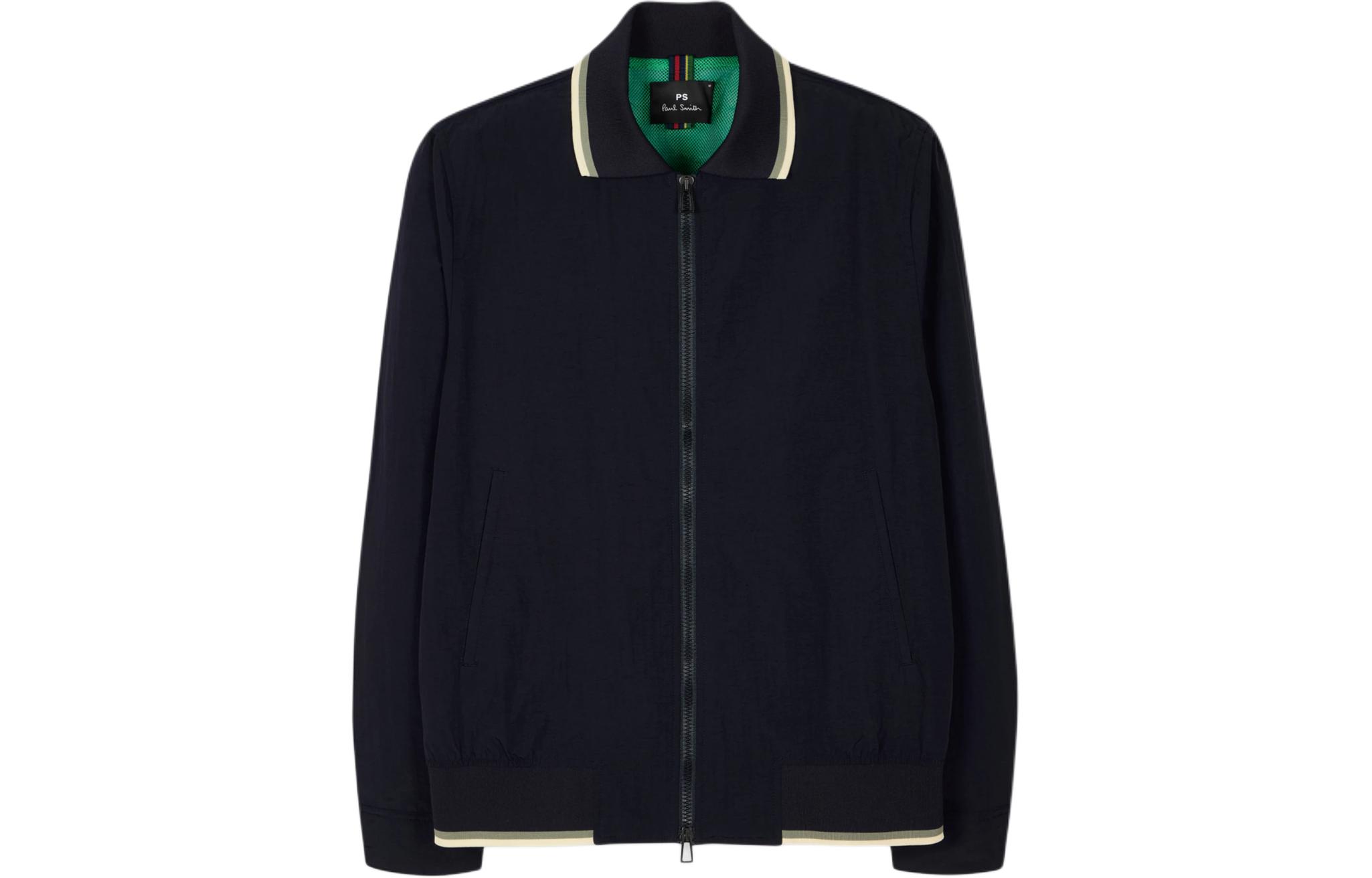 Paul Smith SS24 Navy Blue Zip-Up Jacket with Striped Trim for Men. M2R-697Y-M21958-49