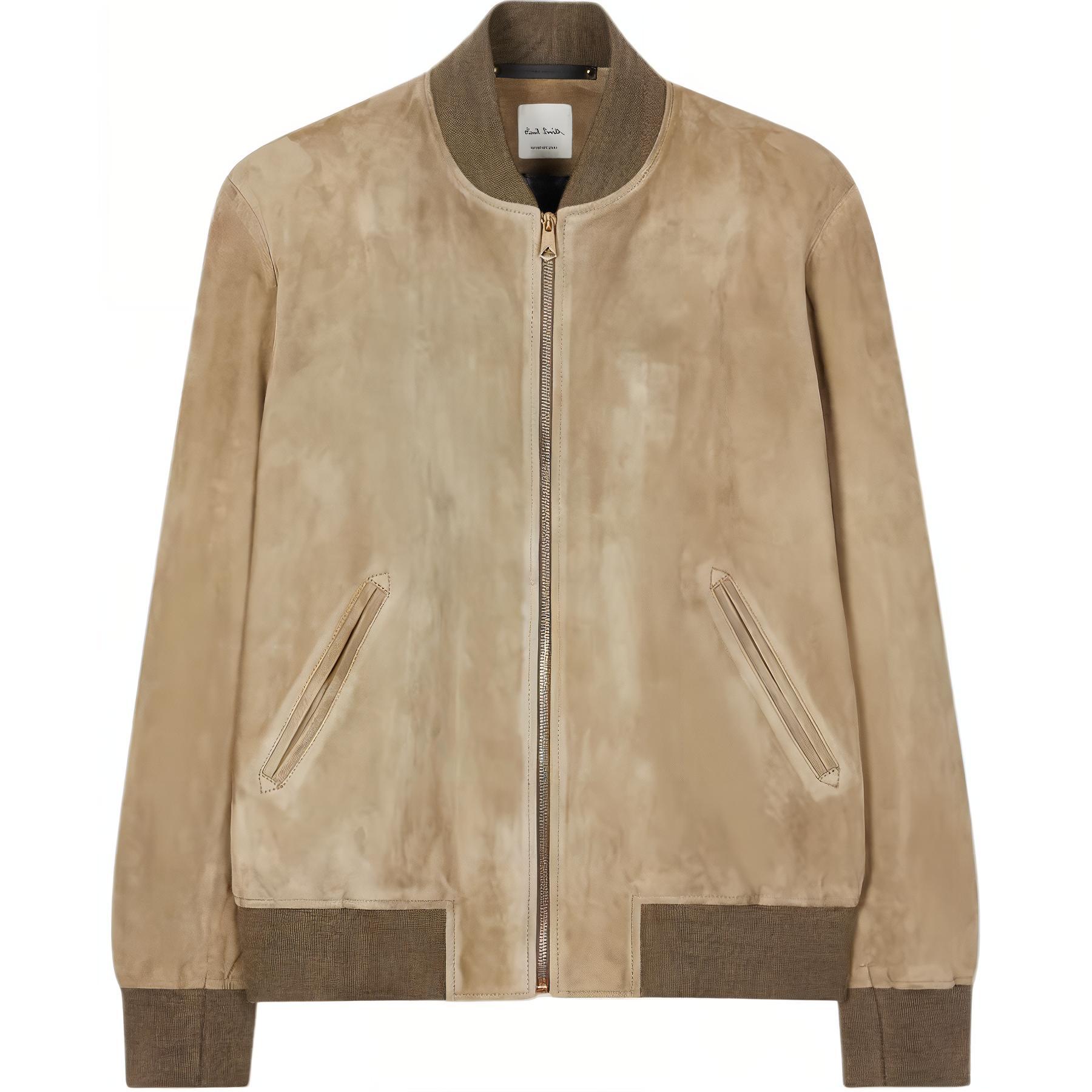 Paul Smith Suede Ribbed Knit-Collar Zip-Up Bomber Jacket Khaki M1R-280U-N00040-35C
