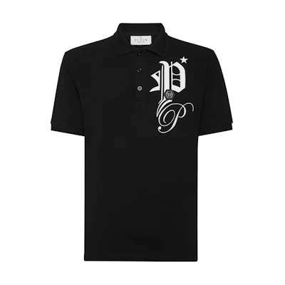 PHILIPP PLEIN Black Contrast Logo Print Short-Sleeve Polo Shirt. SADC-MTK6882-PTE003N-02
