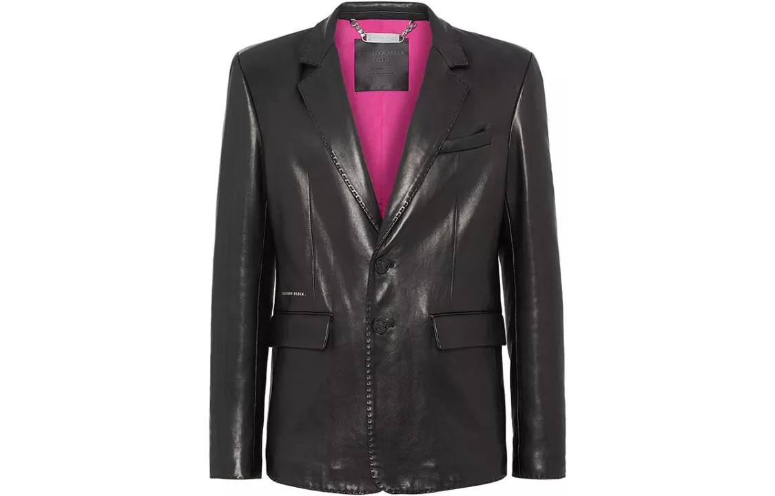 PHILIPP PLEIN  Black Leather Single-Breasted Long Sleeve Jacket AABC-MLF0020-PLE010N-02