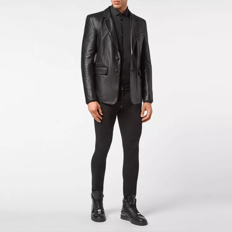 Lookbook PHILIPP PLEIN 黑色皮革單排扣長袖外套 AABC-MLF0020-PLE010N-02