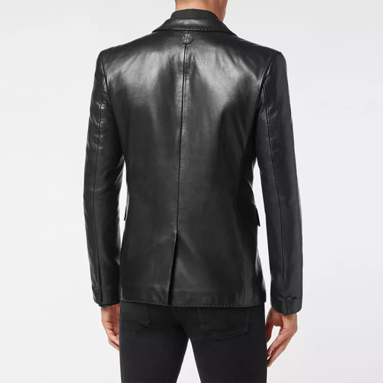 Shop PHILIPP PLEIN 黑色皮革單排扣長袖外套 AABC-MLF0020-PLE010N-02