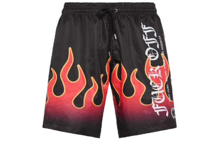 PHILIPP PLEIN  Black Letter Print Elastic Waist Beach Shorts PADC-MMX0139-PNY002N-02