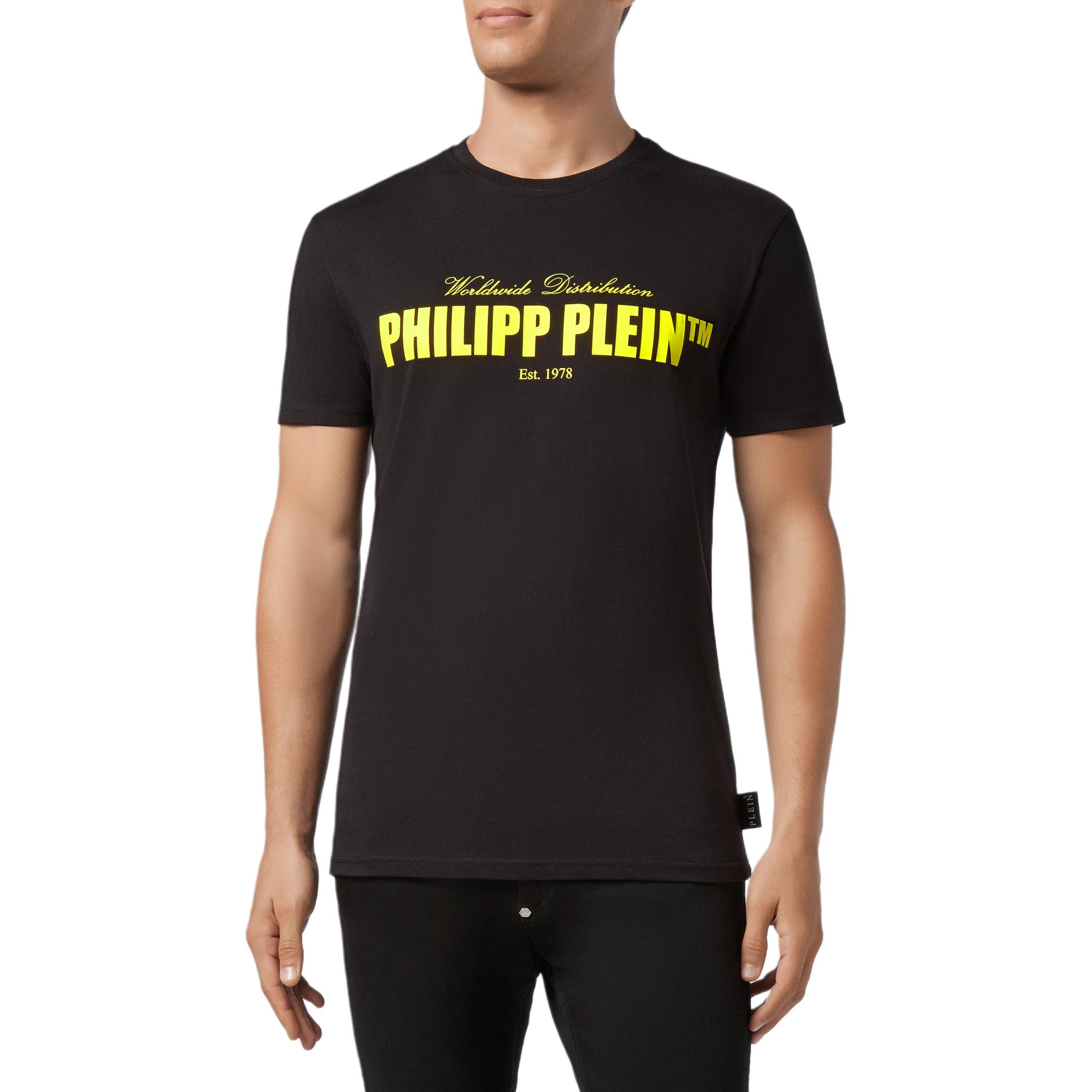Shop PHILIPP PLEIN 黑色標誌印花短袖T恤 MTK4267-PJY002N-0209