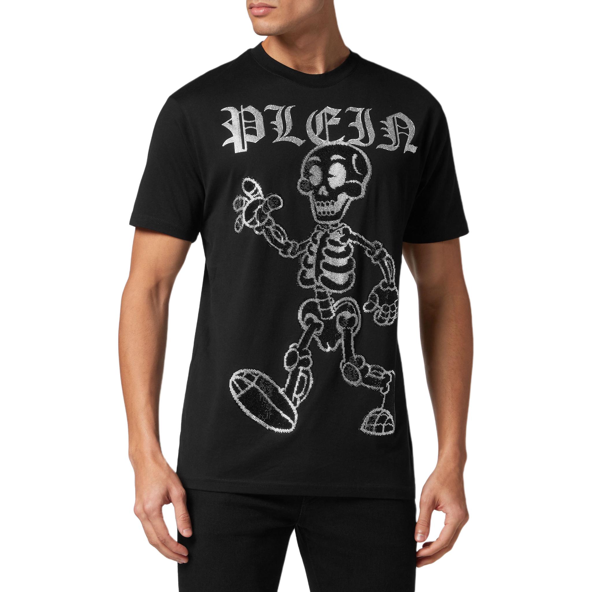 Shop PHILIPP PLEIN 黑色骷髏標誌印花短袖圓領T恤 PADC-MTK7262-PJY002N-02