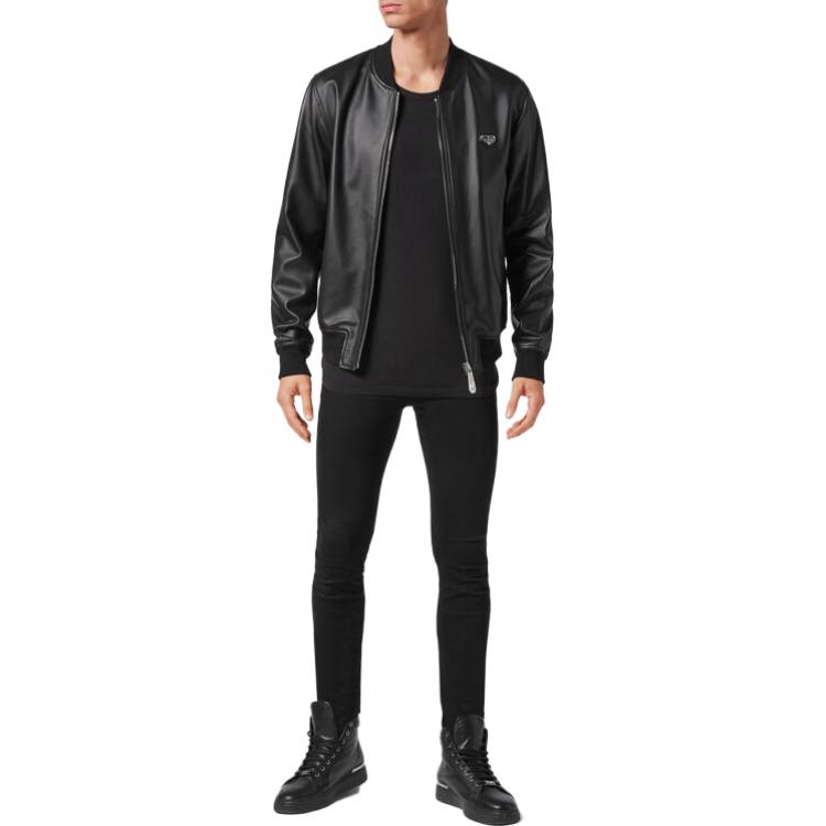 Lookbook PHILIPP PLEIN 黑色拉鏈長袖外套夾克。 AAAC-MLB1421-PLE010N-02