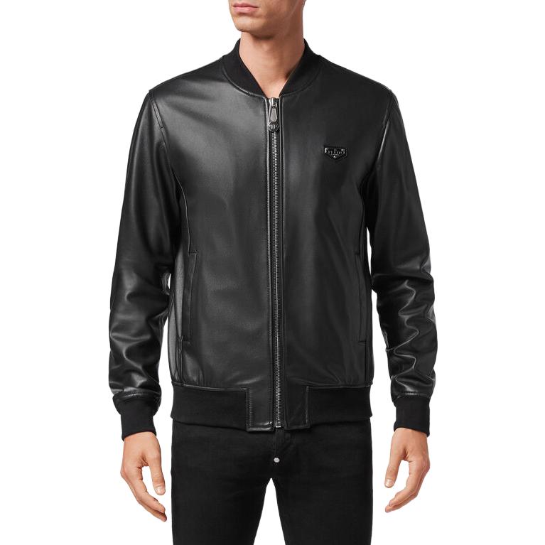 Shop PHILIPP PLEIN 黑色拉鏈長袖外套夾克。 AAAC-MLB1421-PLE010N-02