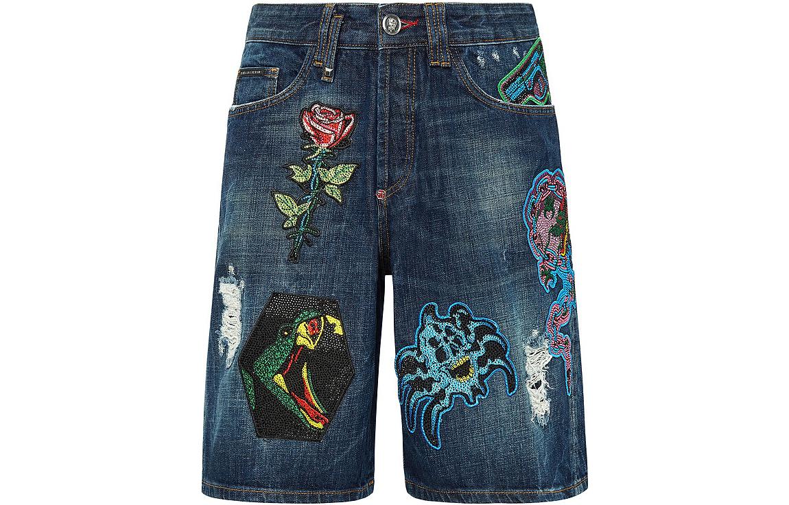 PHILIPP PLEIN  Distressed Tattoo Patch Denim Shorts Blue SABC-MDT2886-PDE004N
