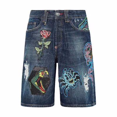 PHILIPP PLEIN Distressed Tattoo Patch Denim Shorts Blue SABC-MDT2886-PDE004N