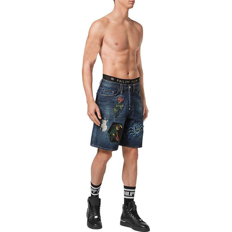 Purchase PHILIPP PLEIN 藍色破壞紋身拼貼牛仔短褲 SABC-MDT2886-PDE004N