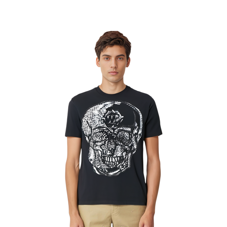 Shop PHILIPP PLEIN Kaos Hitam Slim Fit Pola Geometris Leher Bulat AACC-MTK6594-PJY002N-02