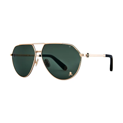 Philipp Plein Gold Skull Aviator Sunglasses, Italian Made for Driving & Outdoors. SPP007M0302