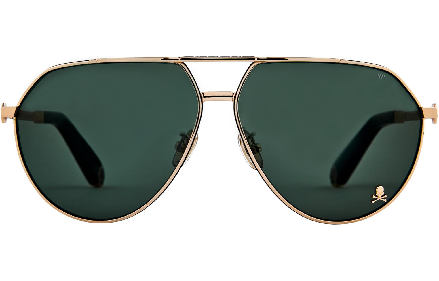 Shop Philipp Plein 金色骷髏飛行員太陽眼鏡，義大利製造 適合駕駛與戶外活動。 SPP007M0302