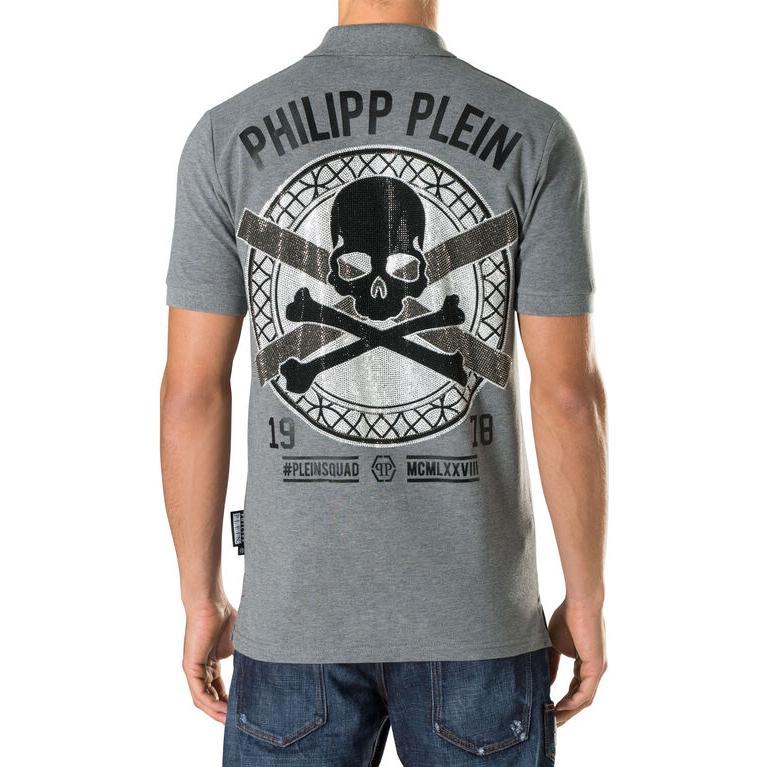 Shop 필립 플레인 그레이 레터 프린트 디자인 폴로 티셔츠. S19C-MTK3005-PJY002N-10