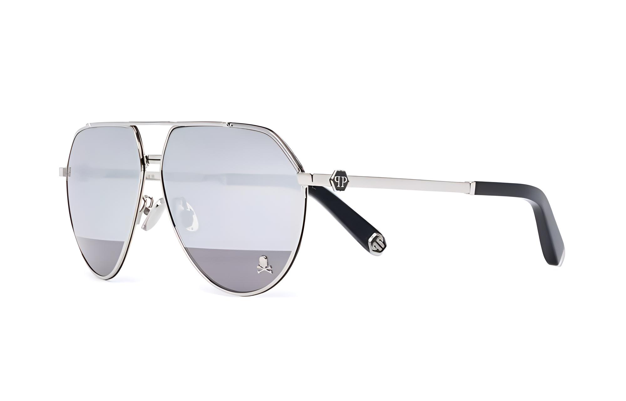 PHILIPP PLEIN  Silver Aviator Sunglasses with Logo Metal Acetate Frame. PABAMES0136PXV037N
