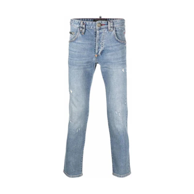 Philipp Plein Slim Fit Distressed Straight-Leg Jeans Blue Mid-Rise SABC-MDT2769-PDE004N-08PF