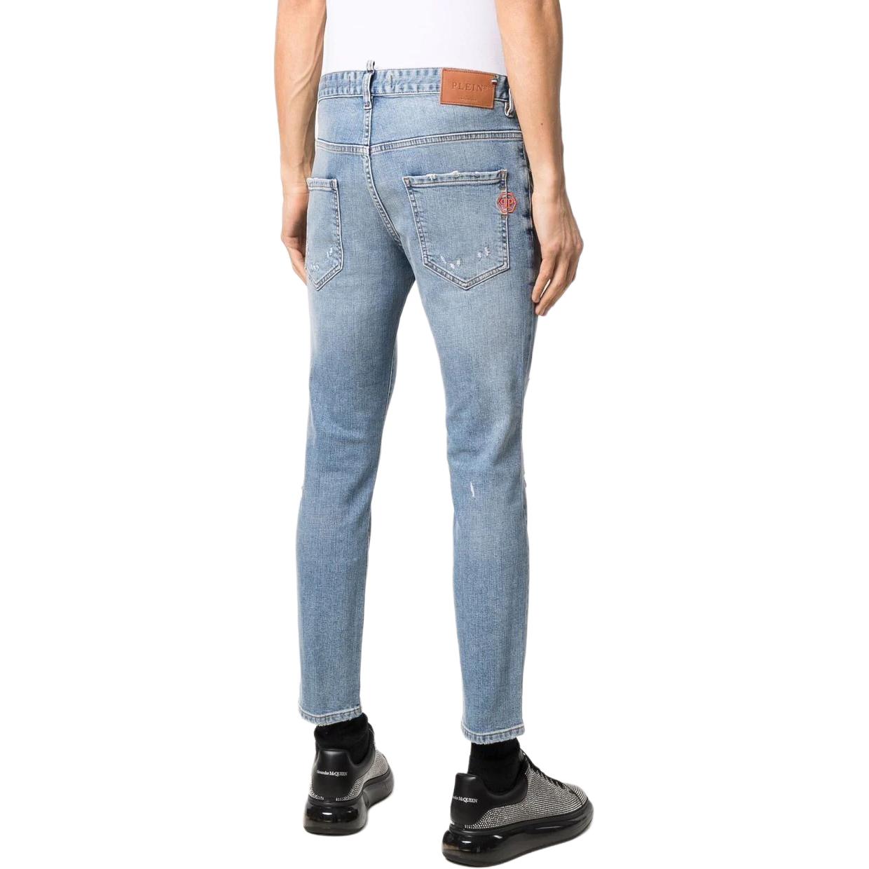 Shop フィリッププレイン スリムフィット ダメージ加工 ストレートジーンズ ブルー ミッドライズ SABC-MDT2769-PDE004N-08PF