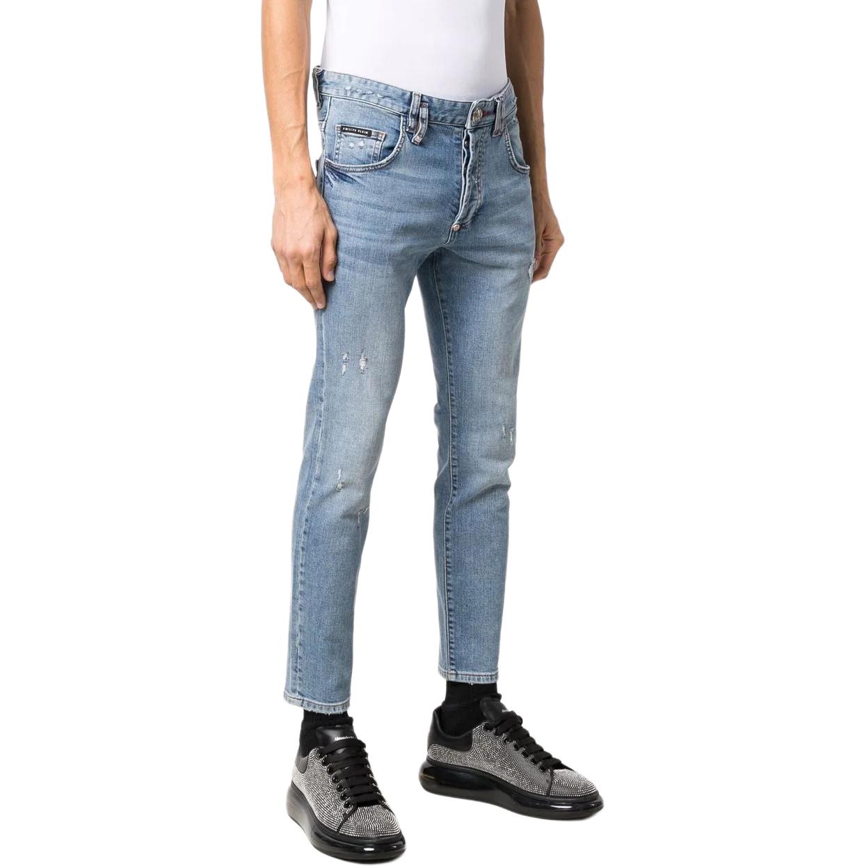 Purchase フィリッププレイン スリムフィット ダメージ加工 ストレートジーンズ ブルー ミッドライズ SABC-MDT2769-PDE004N-08PF