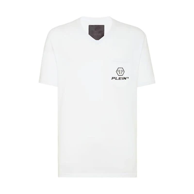 PHILIPP PLEIN V-Neck Logo Graphic Printed Short Sleeve T-Shirt. PAAC-MTK5510-PJO002N-01