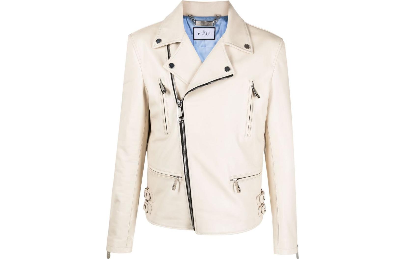 PHILIPP PLEIN Beige Leather Biker Jacket with Letter Appliqué - SACC-MLB1702-PLE010N-06