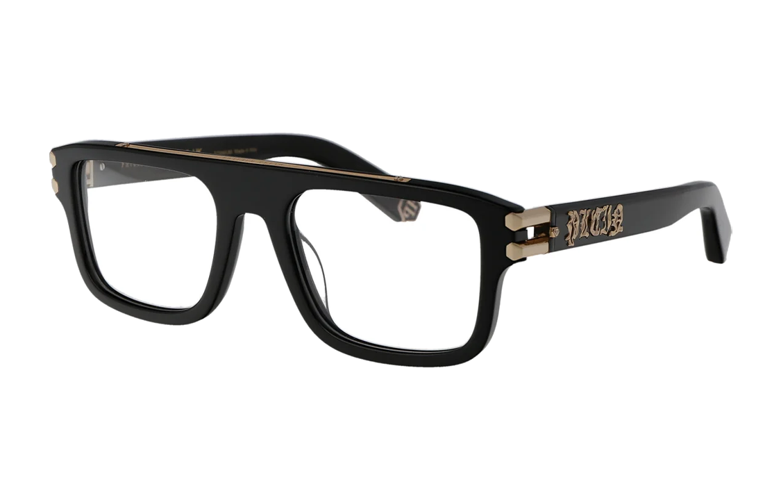 PHILIPP PLEIN Black Acetate Square Optical Glasses with Logo Decoration for Men VPP021V0700