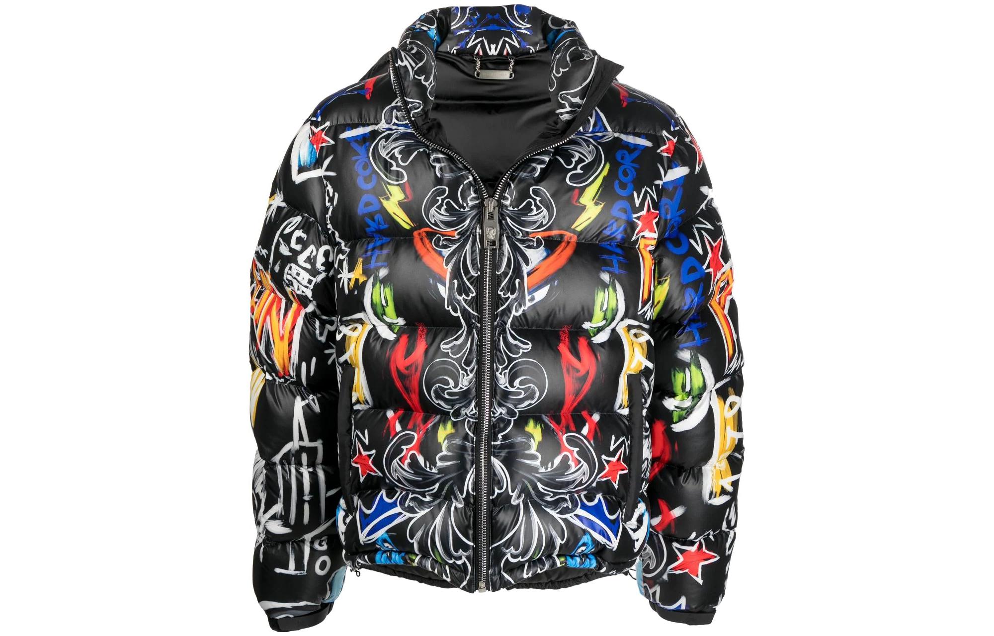 PHILIPP PLEIN Black Down Jacket with Full Print and Stand Collar FABCMRB2020PNY002NBLACK