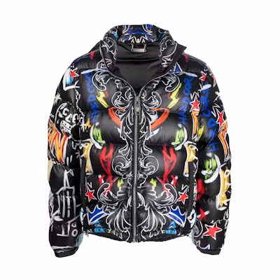 PHILIPP PLEIN Black Down Jacket with Full Print and Stand Collar FABCMRB2020PNY002NBLACK