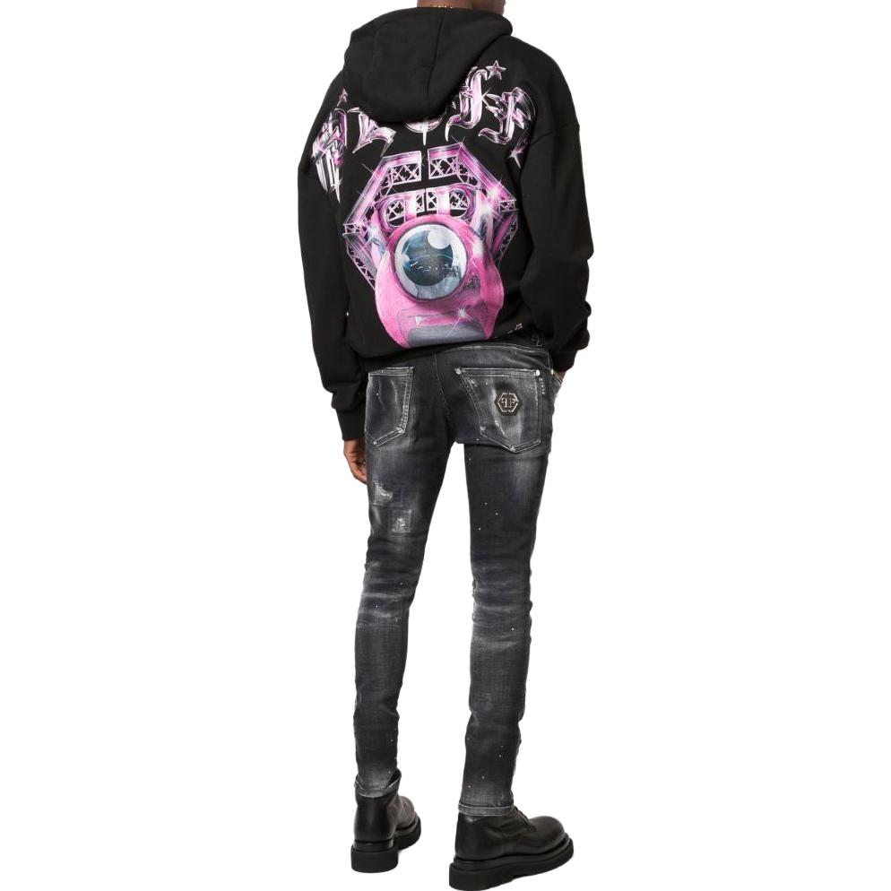 Shop 菲利普普莱因黑色印花连帽长袖卫衣 AABC-MJB2846-PJO002N-02