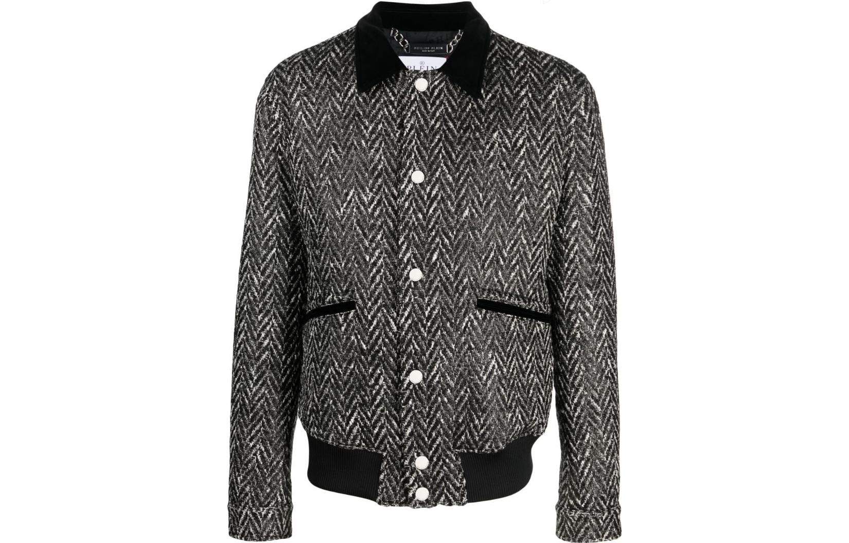 PHILIPP PLEIN Black Herringbone Pattern Long Sleeve Jacket AACC-MRB2311-PTE003N-02