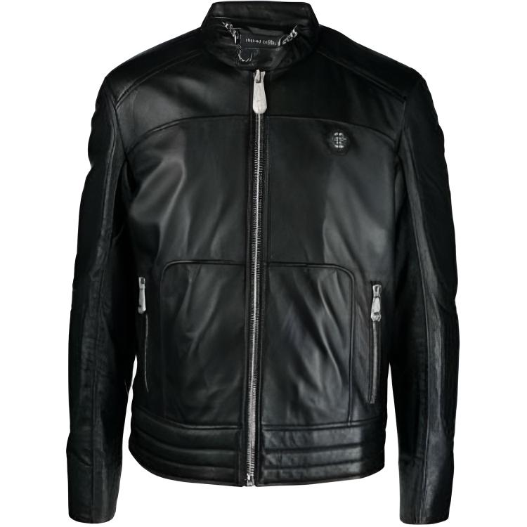 PHILIPP PLEIN Black Leather Biker Jacket with Stand Collar and Zipper AACC-MLB1751-PLE010N-02