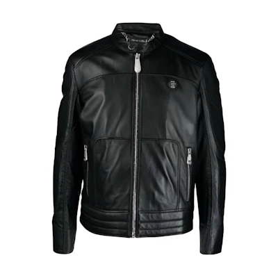 PHILIPP PLEIN Black Leather Biker Jacket with Stand Collar and Zipper AACC-MLB1751-PLE010N-02