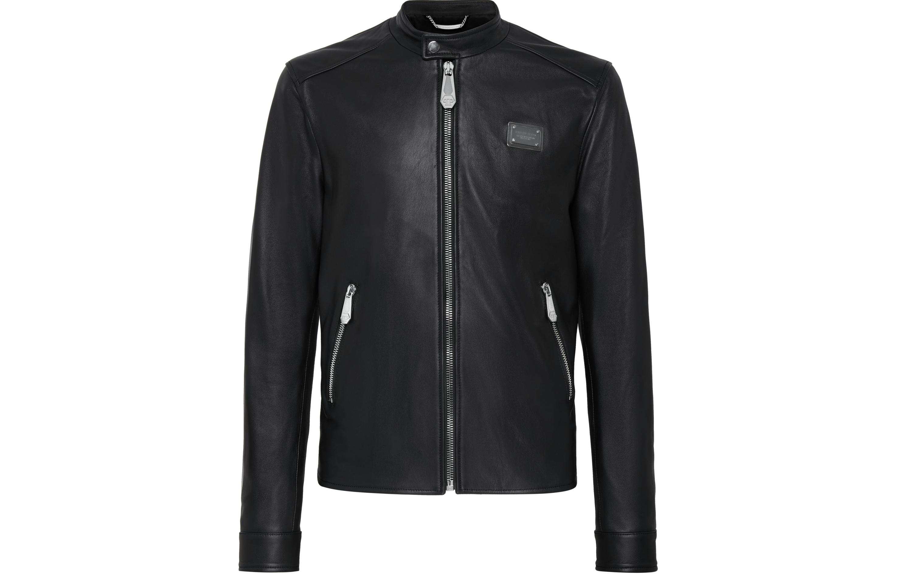 PHILIPP PLEIN Black Leather Moto Jacket Statement Zip-Up Outerwear F19C-MLB0827-PLE010N-02