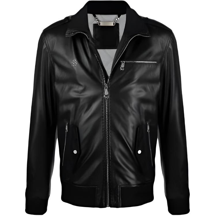 PHILIPP PLEIN Black Leather Windproof Zip-Up Jacket FAACMLB1411PLE010N