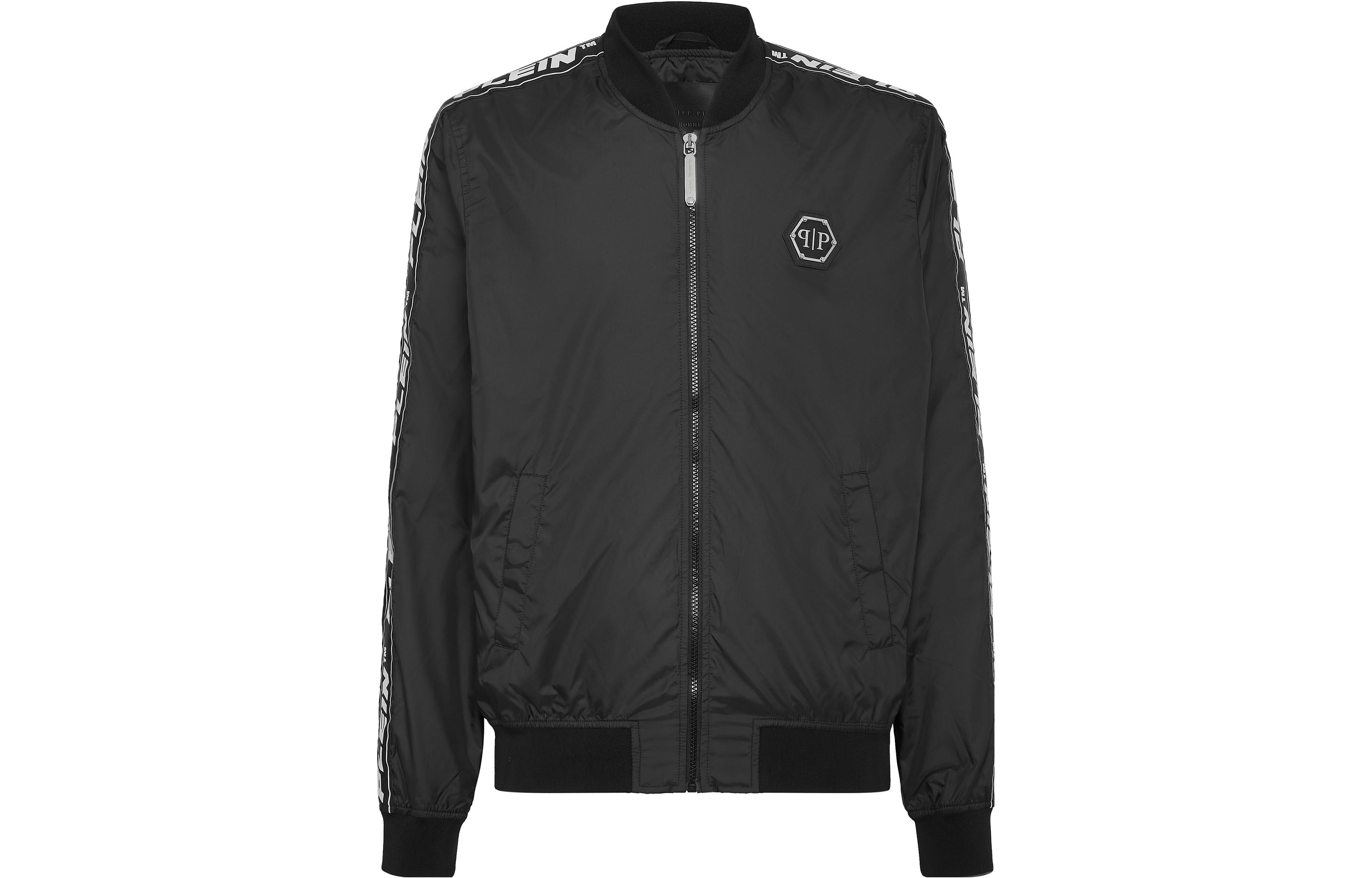 PHILIPP PLEIN Black Letter Print V-Neck Zipper Long-Sleeve Jacket A18C-MRB0846-PNY002N-02