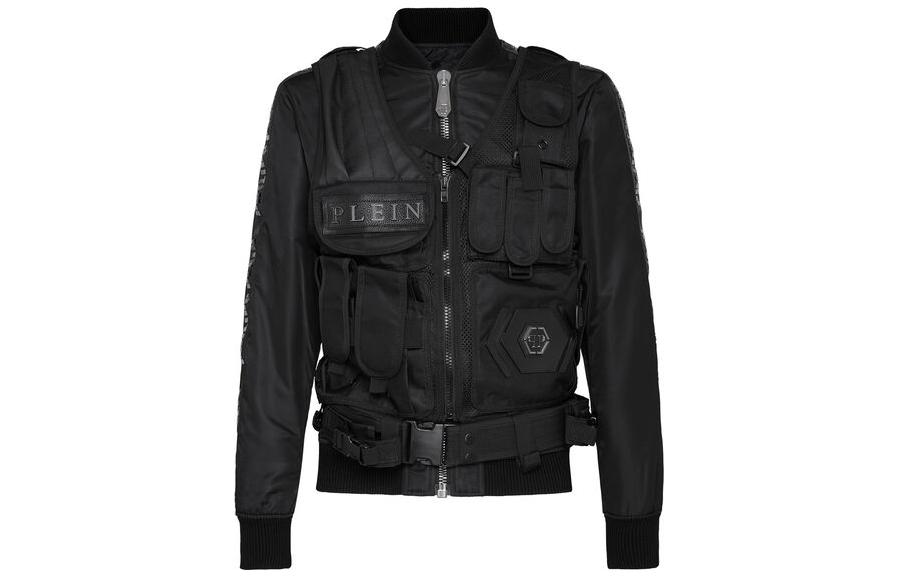PHILIPP PLEIN Black Logo Bomber Jacket with Solid Design P19C-MRB1083-PNY002N-02