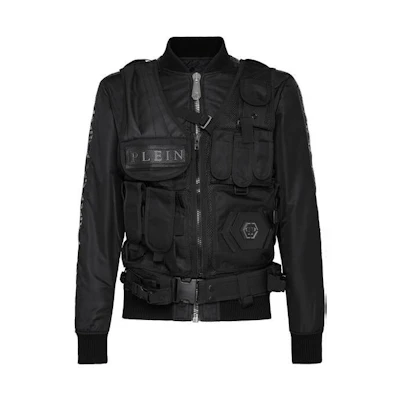 PHILIPP PLEIN Black Logo Bomber Jacket with Solid Design P19C-MRB1083-PNY002N-02