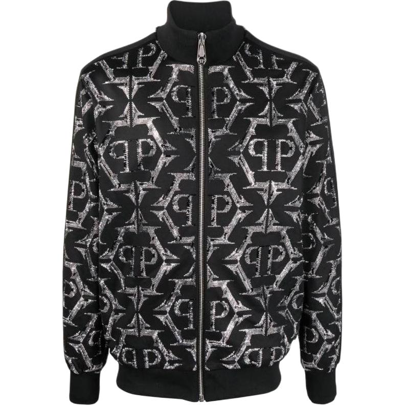 PHILIPP PLEIN Black Logo Rhinestone-Zip Long-Sleeve Jacket AACC-MJB3149-PTE003N-02