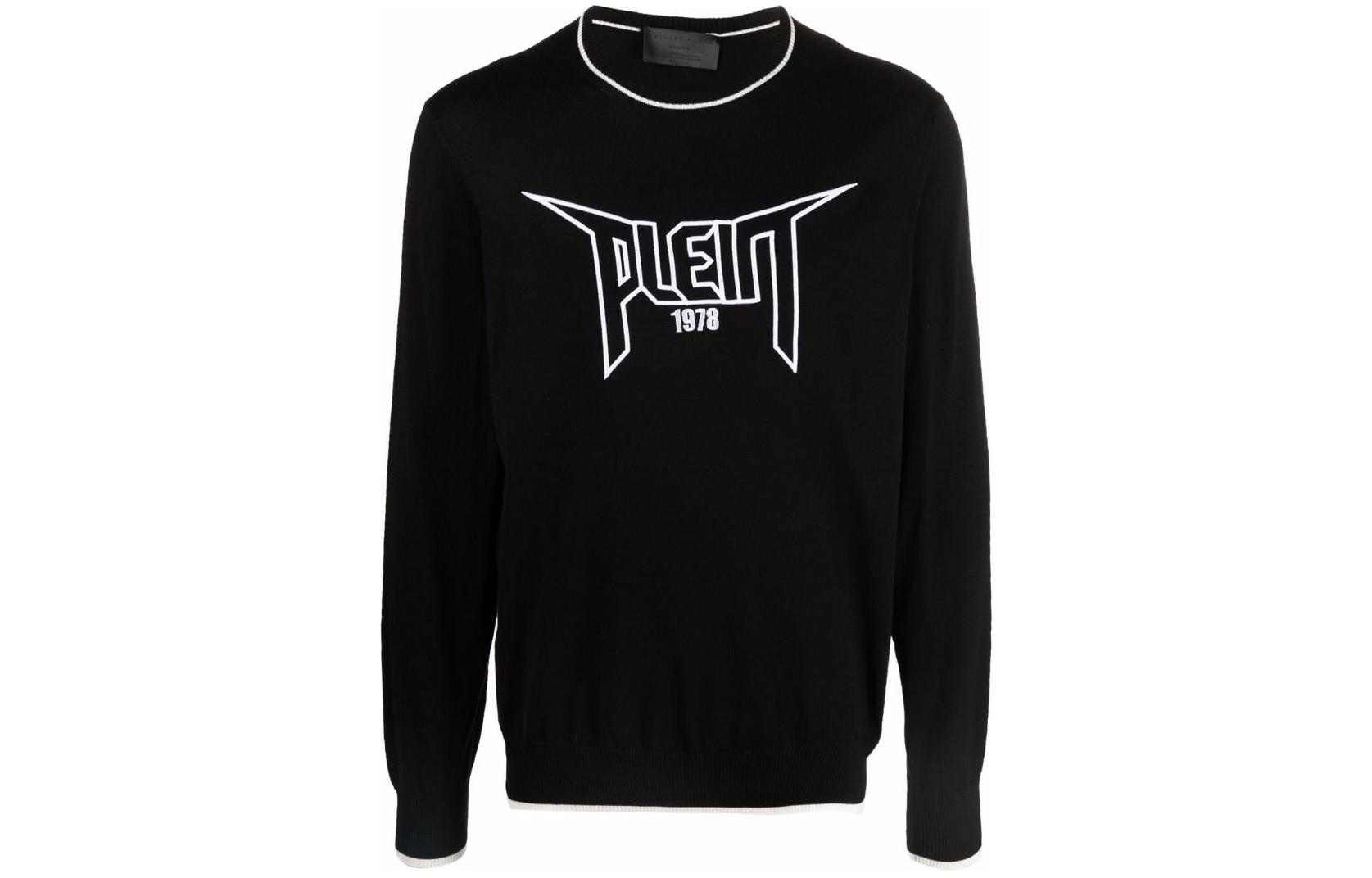 PHILIPP PLEIN Black Ribbed Crewneck Sweatshirt with Letter Embroidery PAAC-MKO1009-PKN002N-02