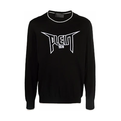 PHILIPP PLEIN Black Ribbed Crewneck Sweatshirt with Letter Embroidery PAAC-MKO1009-PKN002N-02