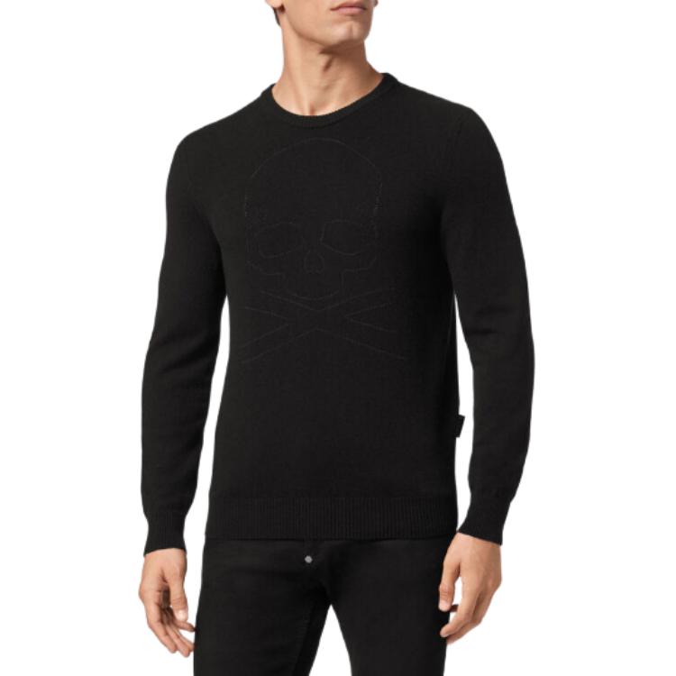 Shop 菲利普普莱因 黑色骷髅印花圆领长袖卫衣 SABC-MKO1093-PKN002N-02