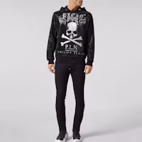 Shop PHILIPP PLEIN 黑色骷髏水鑽連帽休閒衛衣 P19C-MJB1232-PJO002N-02