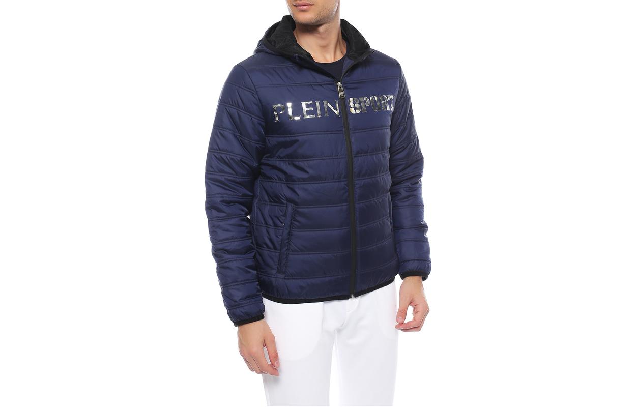 PHILIPP PLEIN Blue Cotton Jacket with Letter Print and Zippered Hoodie MRB0700-SNY001N-24