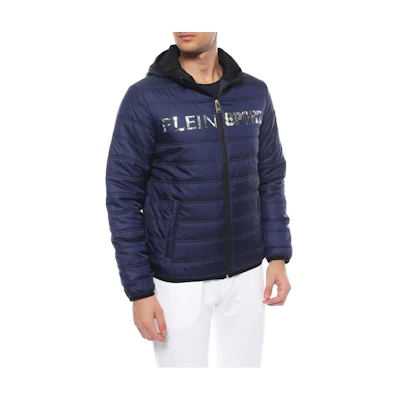 PHILIPP PLEIN Blue Cotton Jacket with Letter Print and Zippered Hoodie MRB0700-SNY001N-24