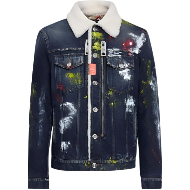 PHILIPP PLEIN Blue Distressed Single-Breasted Jacket with Paint Splatter Design FABC-MDB0465-PDE004N-15MI